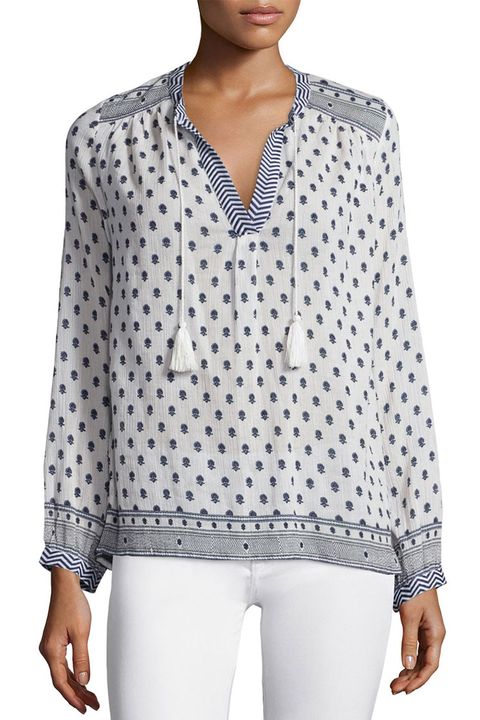 soft joie saffron printed cotton top in blue and white