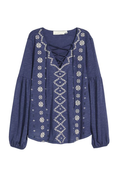 h&m embroidered jersey lace up top blue