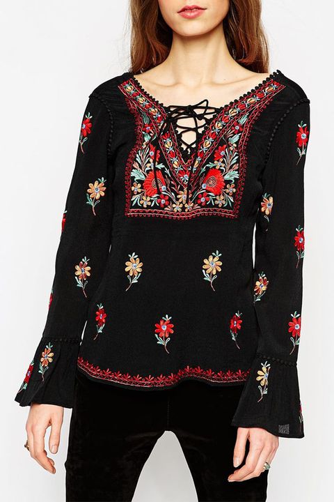 asos floral embroidered blouse in black
