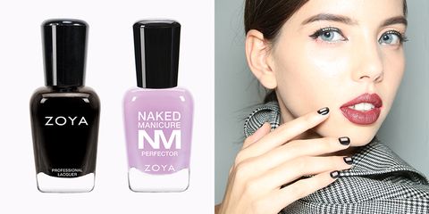 <p><strong><em>ZOYA Naked Manicure Lavender Perfector, $10, </em></strong><a href="http://www.zoya.com/content/item/Zoya/Zoya-Naked-Manicure-Lavender-Perfector.html" target="_blank">zoya.com</a>; <strong><em>ZOYA Nail Polish in Willa, $10, </em><em><a href="http://www.zoya.com/content/item/Zoya/Zoya-Nail-Polish-in-Willa.html" target="_blank">zoya.com</a>; </em></strong><strong><em>ZOYA Naked Manicure Glossy Seal, $12, </em><a href="http://www.zoya.com/content/item/Zoya/Zoya-Naked-Manicure-Glossy-Seal.html" target="_blank"><em>zoya.com</em></a></strong></p><p>For this look, we're not shedding skin — we're shedding nail. And it's redefining sex appeal in an extremely sophisticated way.  First, paint bare nails with a single coat of ZOYA Naked Manicure Lavender Perfector to highlight the natural nail. Next, position a vinyl sticker bar at the center of each nail (you can also use tape, or any nail sticker you prefer), before painting two coats of Willa over the fingernail. Once the black polish dries, gently peel off each sticker and finish off the look with a coat of Glossy Seal. </p>