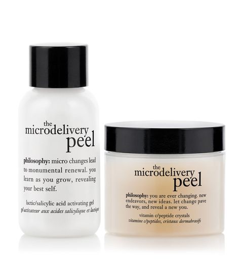 <p><em><strong>$40, </strong></em><em><strong><a href="http://www.philosophy.com/microdelivery-peel.html" target="_blank">philosophy.com</a></strong><a href="http://www.philosophy.com/microdelivery-peel.html" target="_blank"></a></em><a href="http://www.philosophy.com/microdelivery-peel.html" target="_blank"></a></p><p>Philosophy's key to youthful skin lies in two simple steps. With the brand's signature DIY micro delivery treatment, a combination of vitamin C/peptide resurfacing crystals and lactic/salicylic acid activating gel works together in order to reduce signs of aging and illuminate the skin.</p>