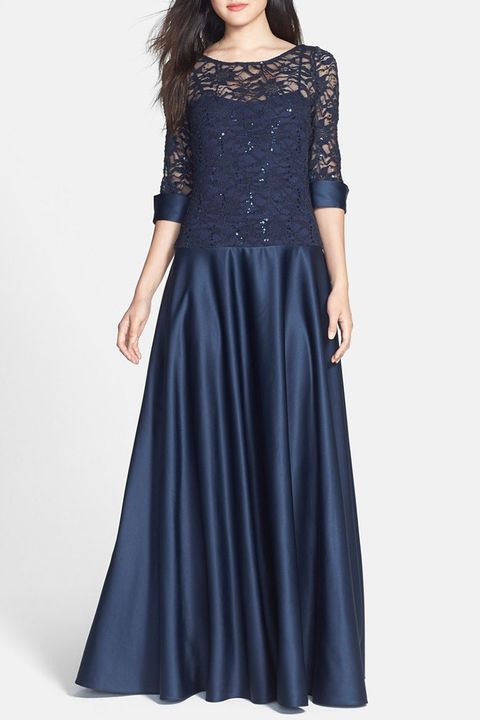 JS collections lace and satin long sleeve navy gown