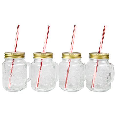 Mason Jar Mugs with Handle, Tin Lid, and Plastic Straws