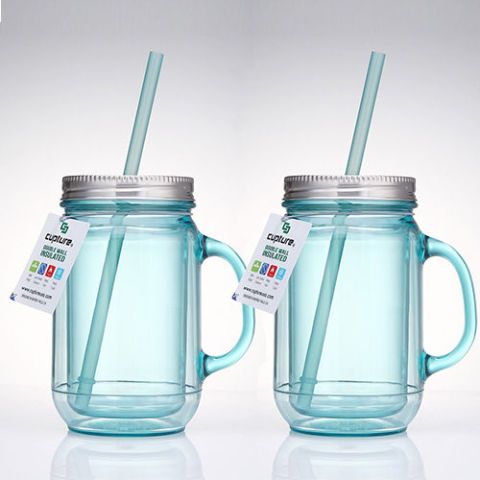 Mason Jar Mugs with Handle, Regular Mouth, Colorful Lids with 2 Reusable Stainless Steel Straw, Set of 2 , Kitchen Glass 16 oz Jars,Refreshing Ice