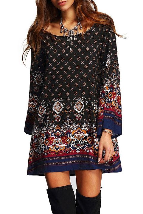 Bohemian Vintage Printed Ethnic Style Loose Casual Tunic Dress