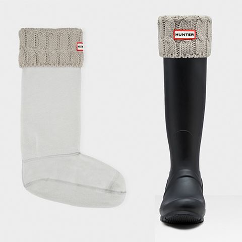 <p><strong data-redactor-tag="strong" data-verified="redactor"><em data-redactor-tag="em" data-verified="redactor">Hunter Cable-Knit Boot Socks, $50</em></strong> <a href="http://us.hunterboots.com/socks/original-six-stitch-cable-boot-socks/grey/1565" target="_blank" class="slide-buy--button" data-tracking-id="recirc-text-link">BUY NOW</a></p>

<p>These are a less intense option in terms of insulation, since they're made with fleece instead of down. Simply put them on over your socks and slide your feet into the boots, rolling the cable knit band over the boots themselves. You can choose from a variety of colors, styles, and even heights <a href="http://us.hunterboots.com/womens-accessories-socks/" target="_blank" data-tracking-id="recirc-text-link">here</a>. The basic fleece options are just <a href="http://us.hunterboots.com/socks/boot-socks/white/412" target="_blank" data-tracking-id="recirc-text-link">$30</a>, and can be worn folded over the boot or just propped up to look like socks.</p>