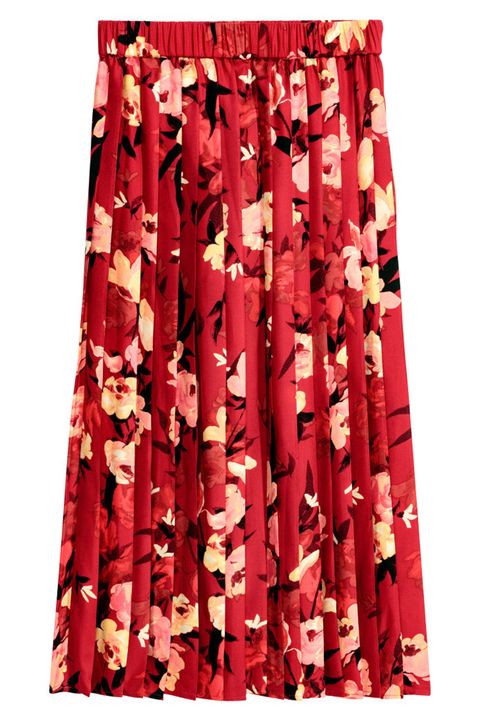 h&m red floral print pleated midi skirt