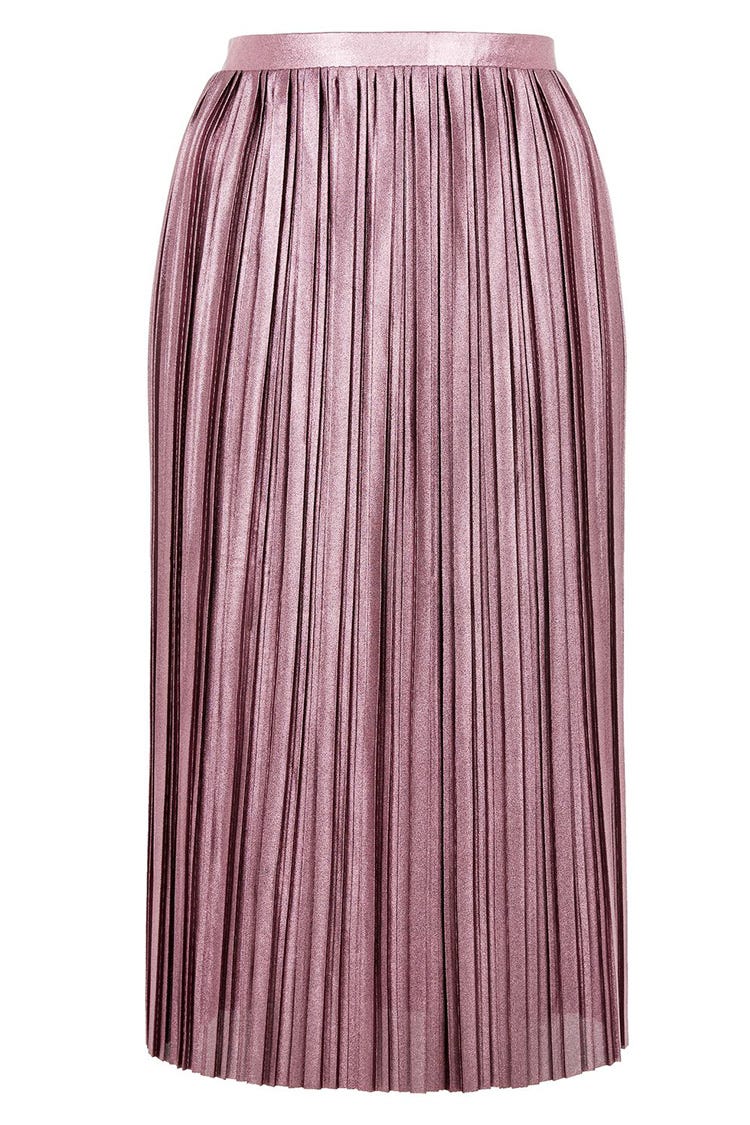 pink metallic pleated midi skirt