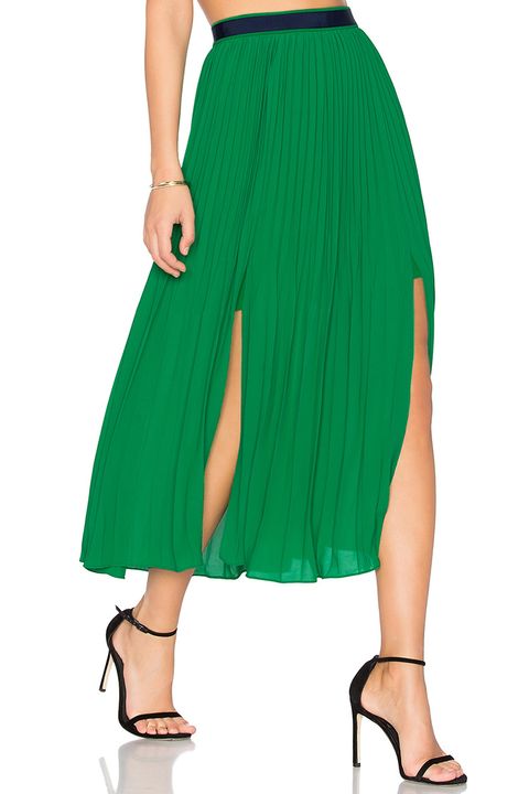 three floor pleated green midi skirt with slits