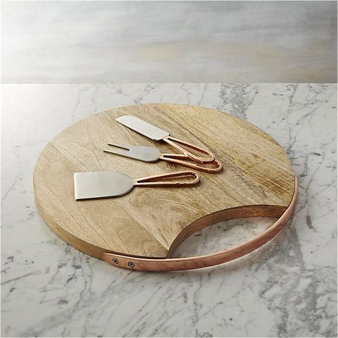 Crate & Barrel Beck Cheese Board and 3 Copper Cheese Knives Set