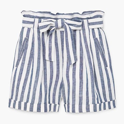 mango striped linen high waist shorts in blue and white