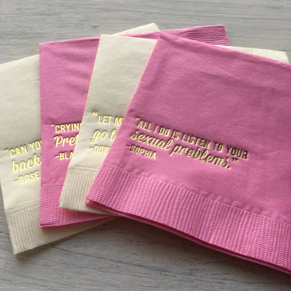 <p><strong data-redactor-tag="strong" data-verified="redactor"><em data-redactor-tag="em" data-verified="redactor">Golden Girls Napkins by EatCoutureCupcakes<br>from $12</em></strong> <a href="https://www.etsy.com/listing/488183766/golden-girls-party-golden-girls-quotes?" target="_blank" class="slide-buy--button" data-tracking-id="recirc-text-link">BUY NOW</a></p><p>Like "All I do is listen to your sexual problems" and "Can you believe that backstabbing slut?!"</p>