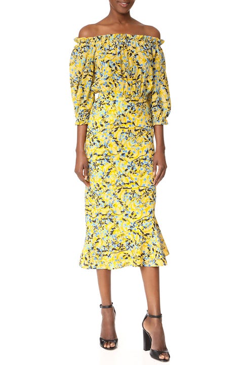 yellow off the shoulder ball gown