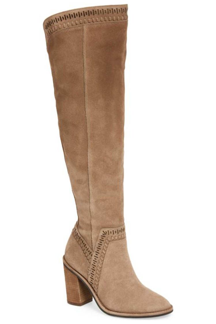 tan suede knee high boots outfit