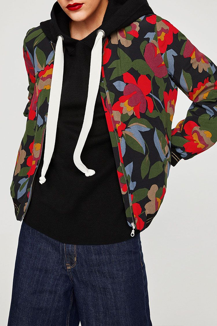 Floral Print Fleece Bomber Jacket