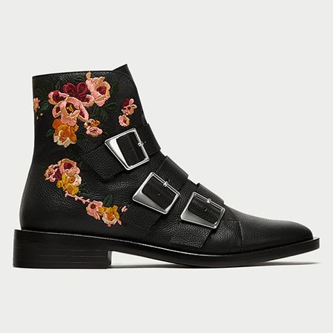 zara flat embroidered black ankle boots