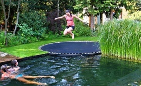 Trampoline, Water, Trampolining--Equipment and supplies, Leisure, Jumping, Fun, Grass, Flip (acrobatic), Sports equipment, Pond, 