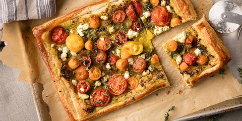 Puff Pastry Pesto Pizza with Ricotta & Cherry Tomatoes