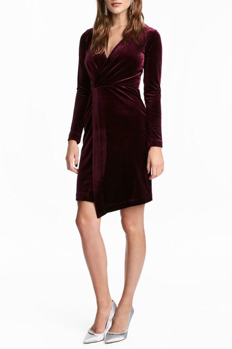 h&m velvet long sleeve dress burgundy