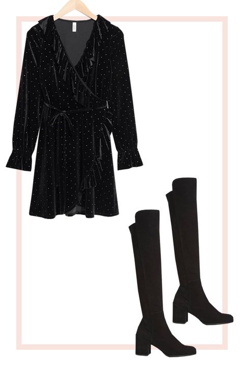 Velvet Wrap Dress and Over-the-Knee Boots