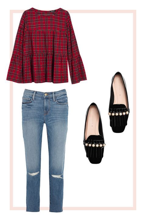 Plaid Blouse and Loafers