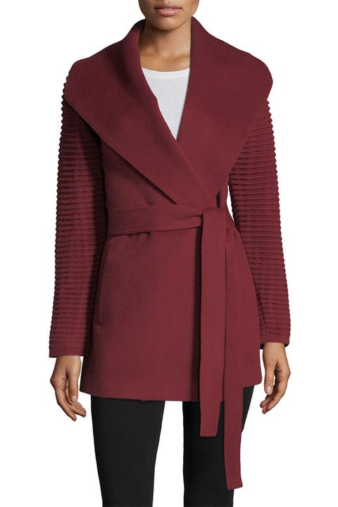 wrap coat with ribbed sleeves