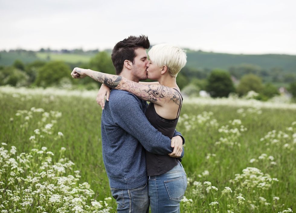 People in nature, Photograph, Meadow, Grassland, Romance, Field, Grass, Hug, Shoulder, Happy, 
