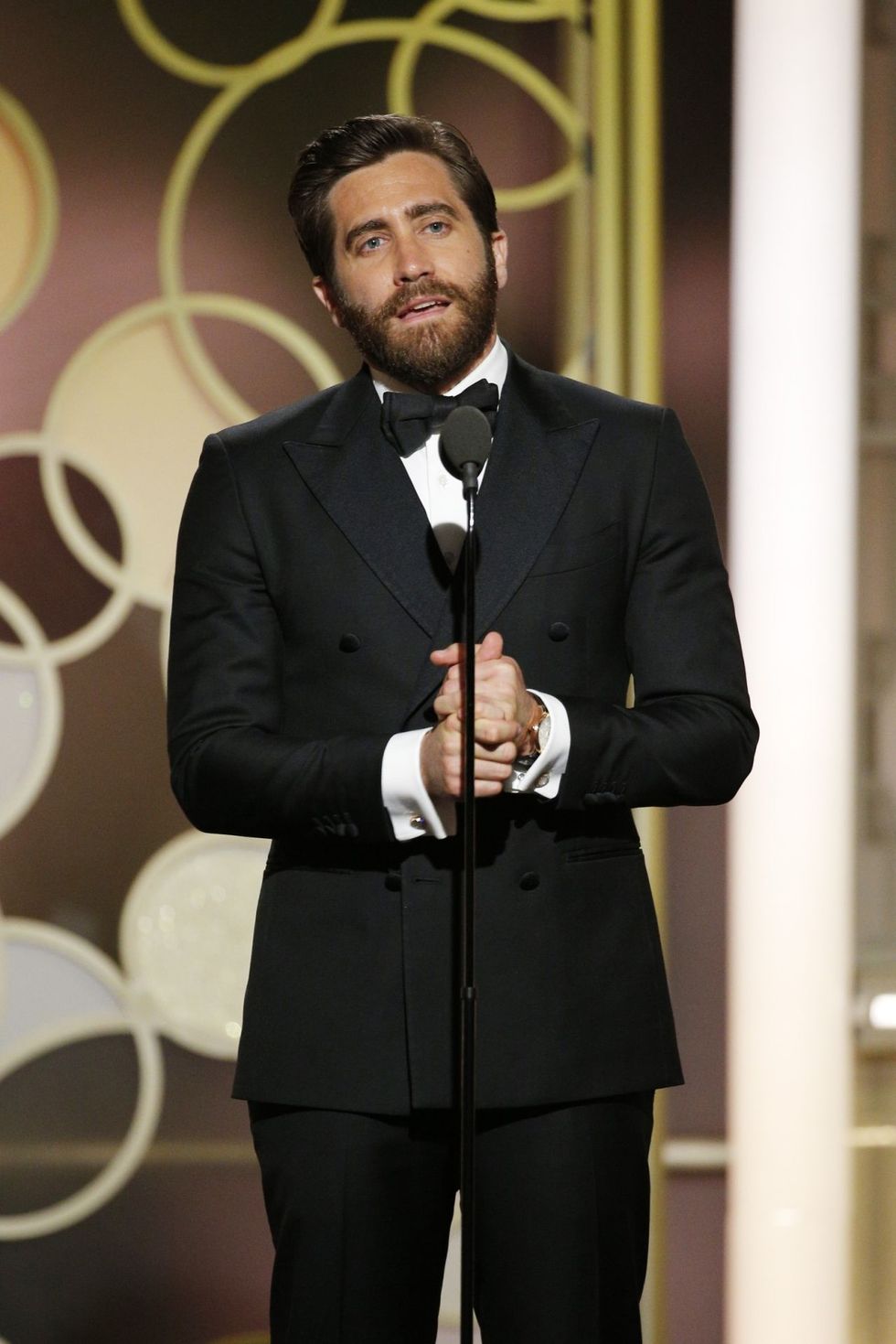 BEVERLY HILLS, CA - JANUARY 08: In this handout photo provided by NBCUniversal, presenter Jake Gyllenhaall onstage during the 74th Annual Golden Globe Awards at The Beverly Hilton Hotel on January 8, 2017 in Beverly Hills, California. (Photo by Paul Drinkwater/NBCUniversal via Getty Images)