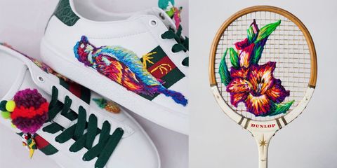 Danielle Clough è una vera artista del ricamo: ha cominciato a farlo sulle griglie di racchette da tennis vintage per continuare con sneaker ricamate di Gucci