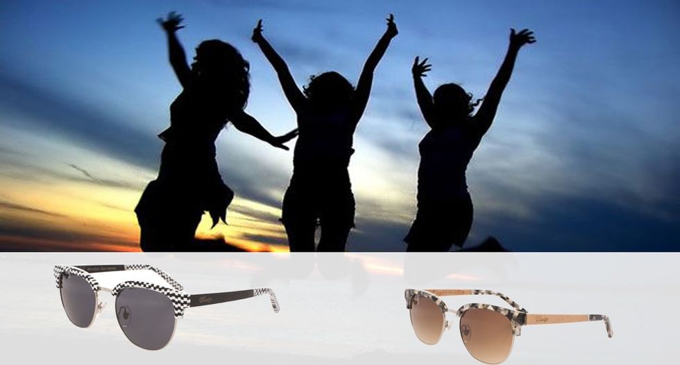 Eyewear, Vision care, Goggles, Happy, Rejoicing, Sunglasses, People in nature, Interaction, Gesture, Eye glass accessory, 