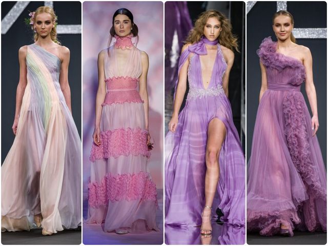 Dress, Purple, Formal wear, Pink, Style, Fashion model, Magenta, Waist, Lavender, One-piece garment, 