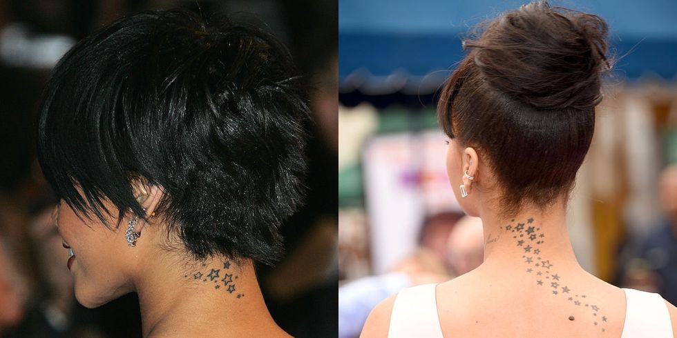 <p>Per uscire bene da una brutta situazione, Rihanna ha aggiunto nuove stelle al tatuaggio precedente&nbsp;dopo la brutta storia con Chris Brown. Il primo lo aveva fatto quando stavano insieme.&nbsp;</p>