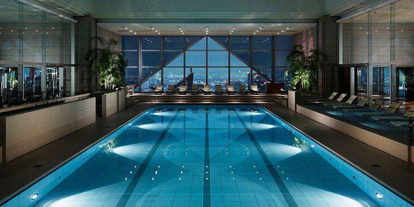 Swimming pool, Blue, Fluid, Property, Interior design, Real estate, Glass, Ceiling, Azure, Aqua, 