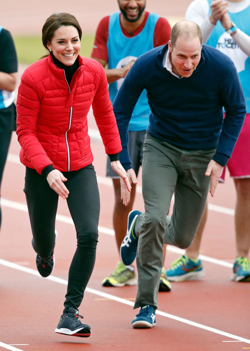 LONDON, UNITED KINGDOM - FEBRUARY 05: (EMBARGOED FOR PUBLICATION IN UK NEWSPAPERS UNTIL 48 HOURS AFTER CREATE DATE AND TIME) Catherine, Duchess of Cambridge and Prince William, Duke of Cambridge take part in a running race against Prince Harry as they join a Team Heads Together London Marathon Training Day at the Queen Elizabeth Olympic Park on February 5, 2017 in London, England. (Photo by Max Mumby/Indigo/Getty Images)