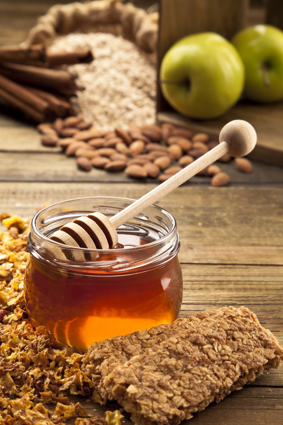 Honey Pot and Dipper with Green Apples, Oat, Cinnamon Sticks, Almonds and Granola Bar. RELATED PHOTOS ON MY PORTFOLIO