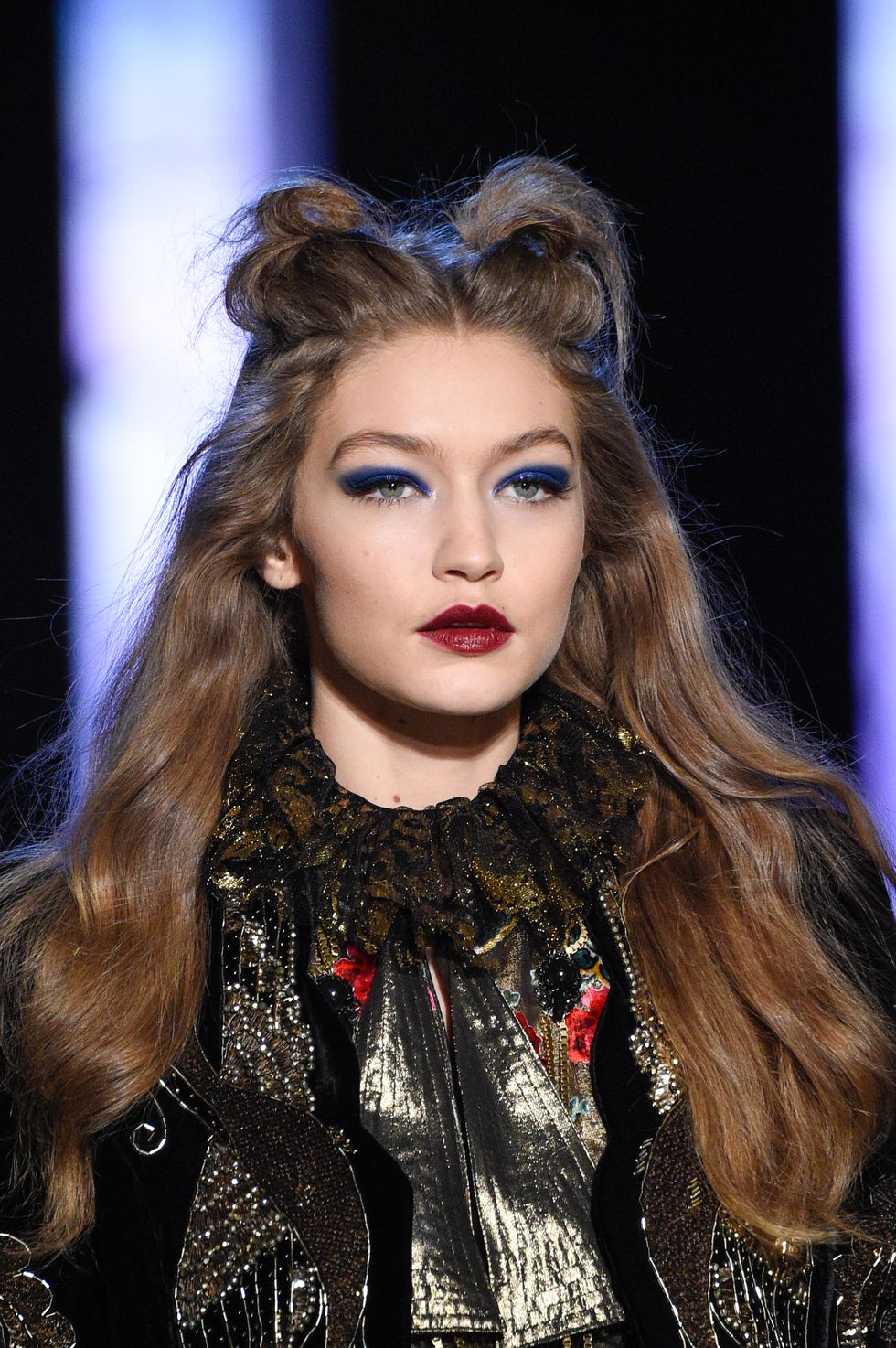 NEW YORK, NY - FEBRUARY 15:  Gigi Hadid, beauty detail, walks the runway for the Anna Sui collection during New York Fashion Week: The Shows at Gallery 1, Skylight Clarkson Sq on February 15, 2017 in New York City.  (Photo by Peter White/WireImage)