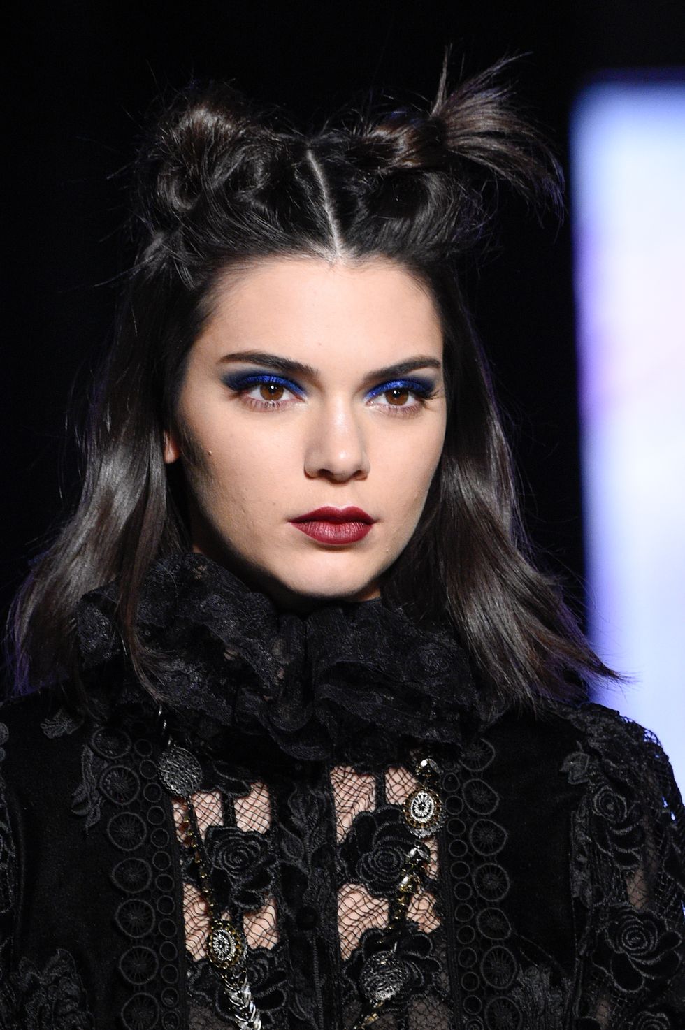 NEW YORK, NY - FEBRUARY 15:  Kendall Jenner, beauty detail, walks the runway for the Anna Sui collection during New York Fashion Week: The Shows at Gallery 1, Skylight Clarkson Sq on February 15, 2017 in New York City.  (Photo by Peter White/WireImage)