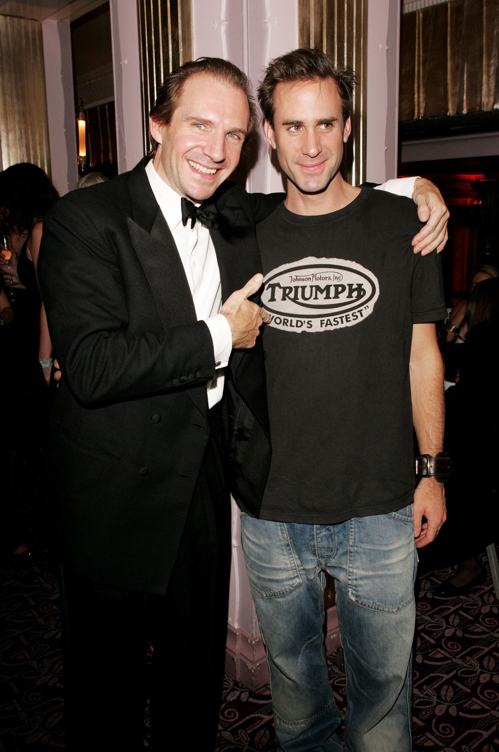 LONDON - OCTOBER 19:  (UK TABLOID NEWSPAPERS OUT)  Actors and brothers Ralph Fiennes (L) and Joseph Fiennes attend the aftershow party following the "The Constant Gardener" Opening Gala for The Times BFI London Film Festival, at the Park Lane Hotel on October 19, 2005 in London, England.  (Photo by Claire Greenway/Getty Images)