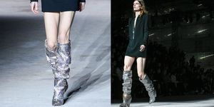 modelle sfilano alla Parigi Fashion Week con indosso gli stivali di Saint Laurent.