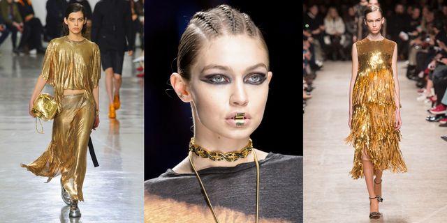 Dalle passerelle della Parigi Fashion Week risplendono solo vestiti eleganti oro, il vero lusso per le tue serate glam: abiti scintillanti, lucenti e riflettenti realizzati in tessuti dorati a 24 carati.
