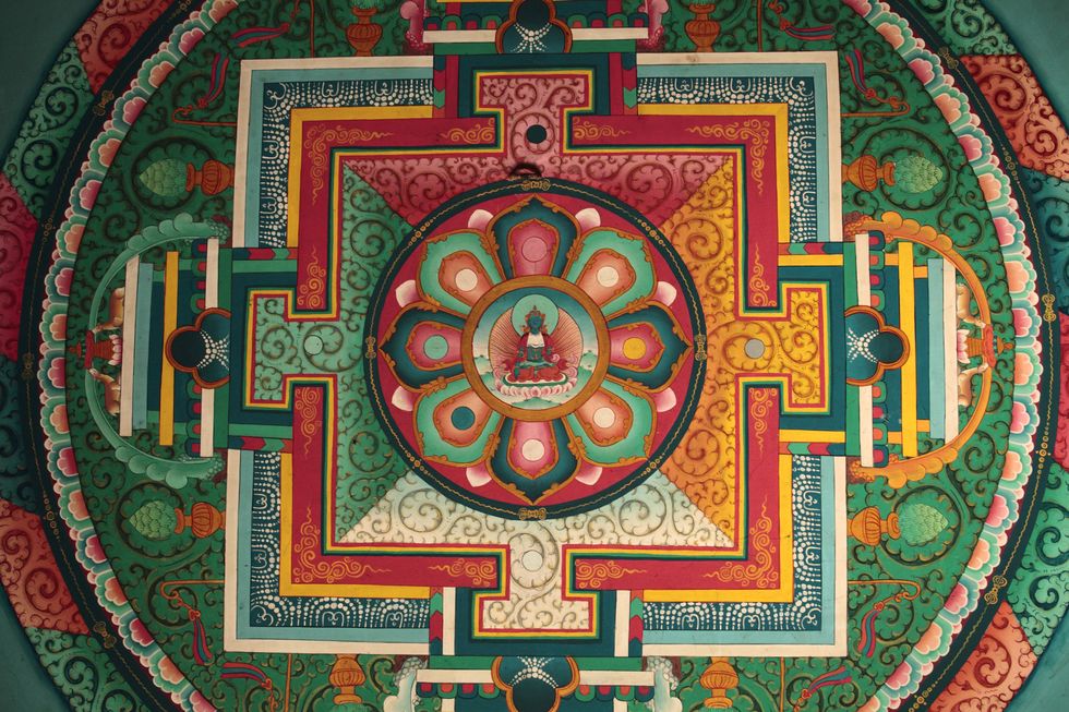 Green, Textile, Red, Pattern, Art, Teal, Circle, Visual arts, Symmetry, Symbol, 