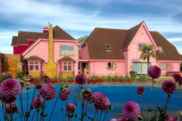 Pink, House, Home, Property, Building, Real estate, Flower, Plant, Sky, Residential area, 