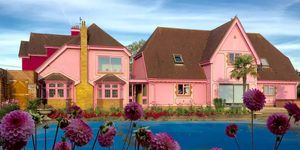 Pink, House, Home, Property, Building, Real estate, Flower, Plant, Sky, Residential area, 