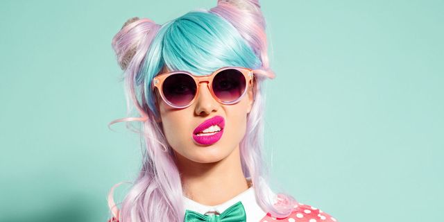 Eyewear, Sunglasses, Hair, Pink, Cool, Glasses, Lip, Hairstyle, Hair coloring, Beauty, 