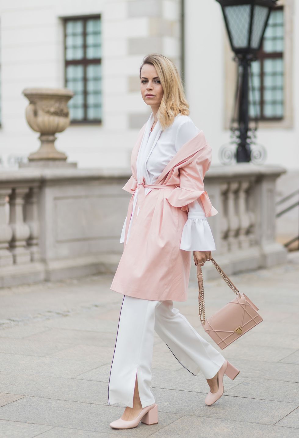 White, Clothing, Pink, Street fashion, Fashion, Trench coat, Outerwear, Footwear, Coat, Shoulder, 