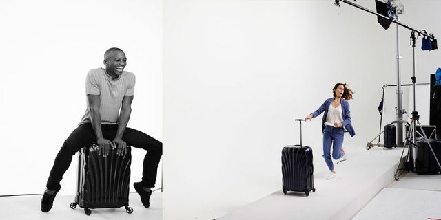White, Suitcase, Product, Hand luggage, Baggage, Sitting, Design, Black-and-white, Photography, Furniture, 
