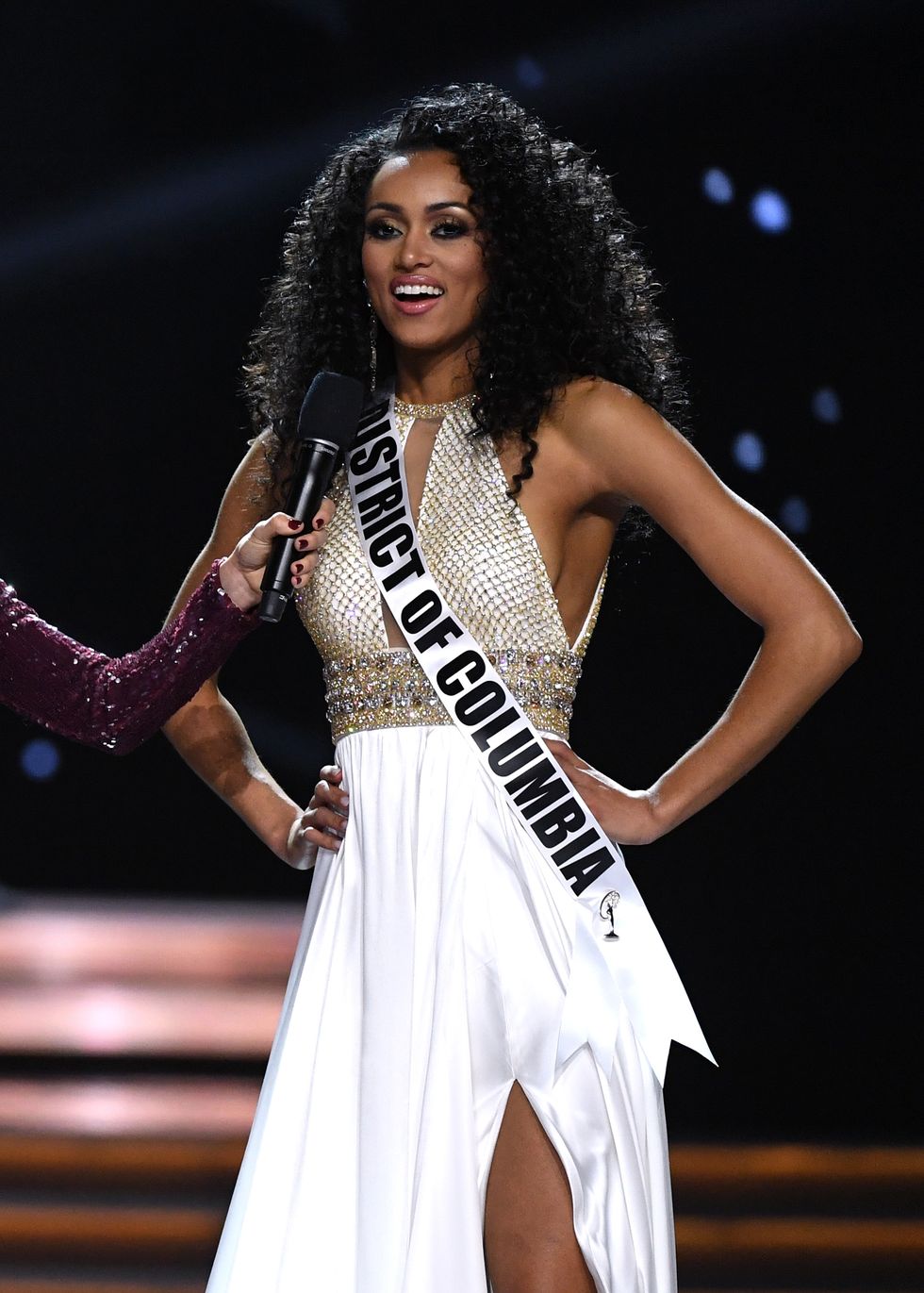 LAS VEGAS, NV - MAY 14:  Miss District of Columbia USA 2017 Kara McCullough answers a question during the interview portion of  the 2017 Miss USA pageant at the Mandalay Bay Events Center on May 14, 2017 in Las Vegas, Nevada. She went on to be named the new Miss USA.  (Photo by Ethan Miller/Getty Images)