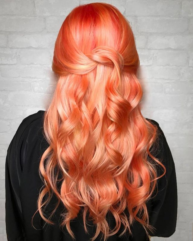 Hair, Hairstyle, Hair coloring, Red, Orange, Blond, Long hair, Caramel color, Chin, Brown hair, 