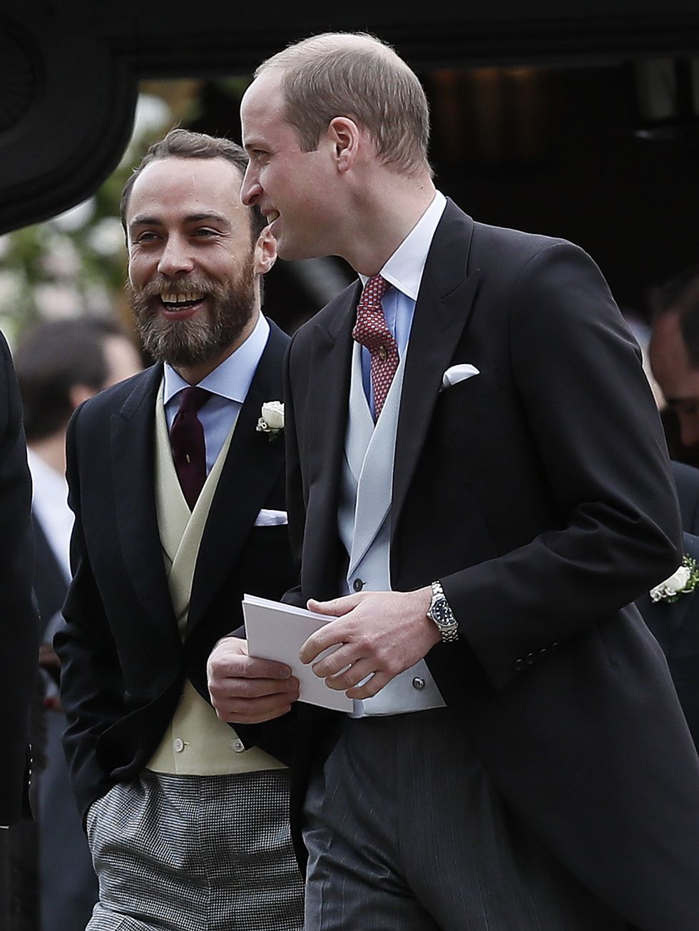 ENGLEFIELD, ENGLAND - MAY 20:  Britain's Prince William, right, talks to James Middleton after the wedding of Pippa Middleton and James Matthews at St Mark's Church on May 20, 2017 in in Englefield, England.  Middleton, the sister of Catherine, Duchess of Cambridge married hedge fund manager James Matthews in a ceremony Saturday where her niece and nephew Prince George and Princess Charlotte was in the wedding party, along with sister Kate and princes Harry and William. (Photo by Kirsty Wigglesworth - WPA Pool/Getty Images)