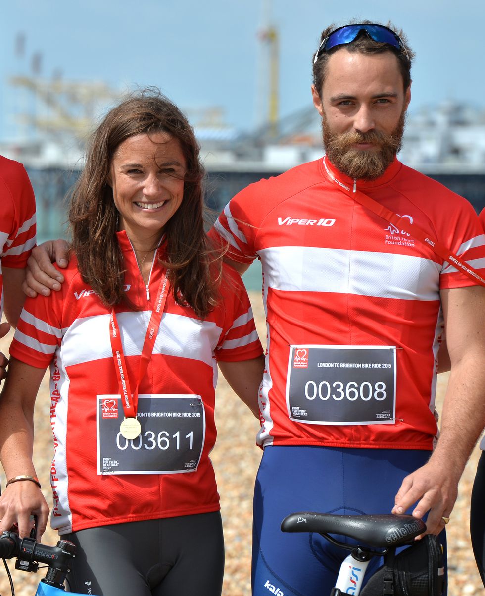 BRIGHTON, ENGLAND - JUNE 21:  Pippa Middleton and James Middleton Finish the London To Brighton Bike Ride For British Heart Foundation on June 21, 2015 in Brighton, England.  (Photo by Anthony Harvey/Getty Images)